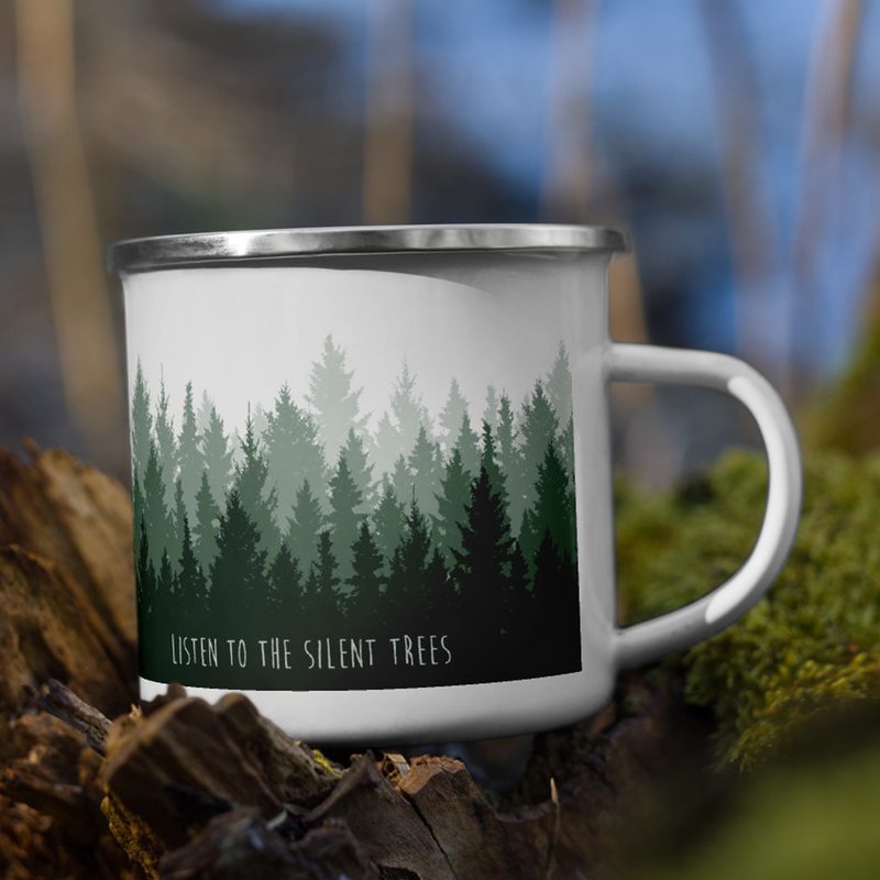 'Listen to the Silent Trees' Enamel Mug
